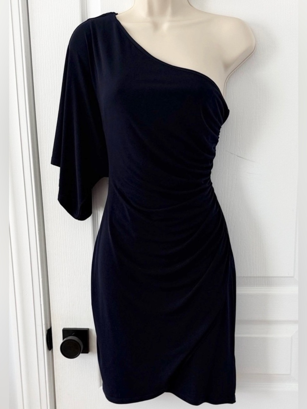 Enfocus Studio One Shoulder Cocktail Dress Navy Blue Ruched Mini Size 4